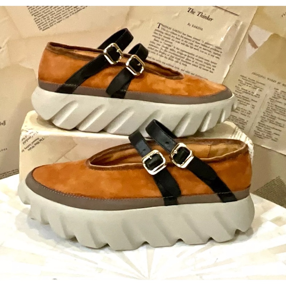 Free People 4CCCCEES Tura Mary Janes Platform Shoe Tan Gold Suede Black - Picture 9 of 12